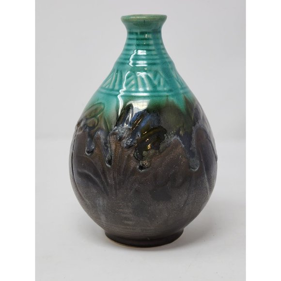 Vintage Drip Glaze Vase Matte Chocolate‎ And Turquoise - Picture 1 of 10